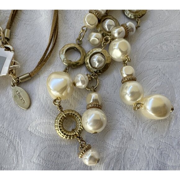 Chicos Pearl Cluster Pendant Gold Tone 17" Long Statement Necklace NEW - Picture 7 of 16